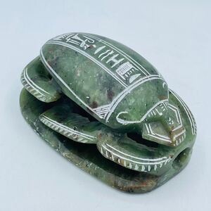 Vintage Olive Green Hand Carved Ancient Egyptian Soapstone Scarab Beetle Unique